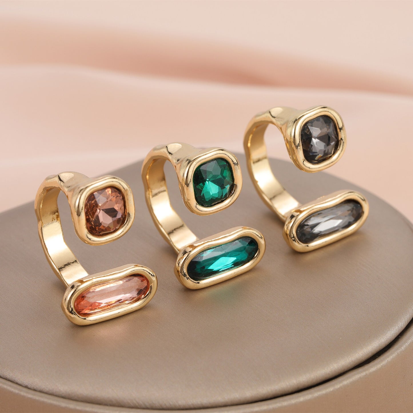 Open Adjustable Asymmetrical Crystal Rings